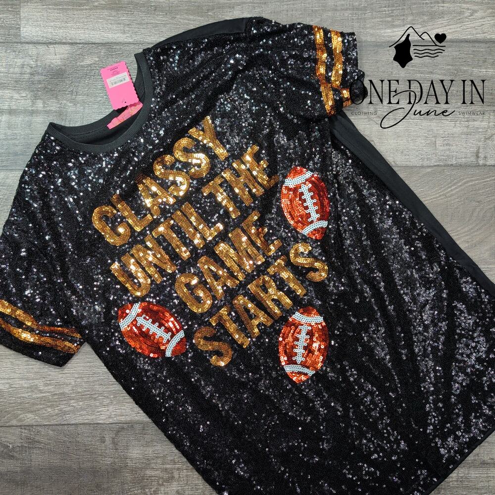 Simply Southern Sequin Football T Shirt Dress Classy Game Starts NWT Size XL